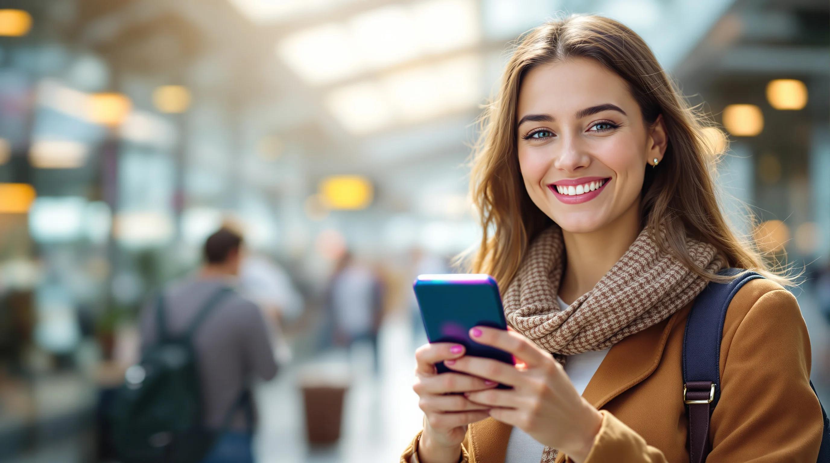 Smiling traveler using smartphone while traveling