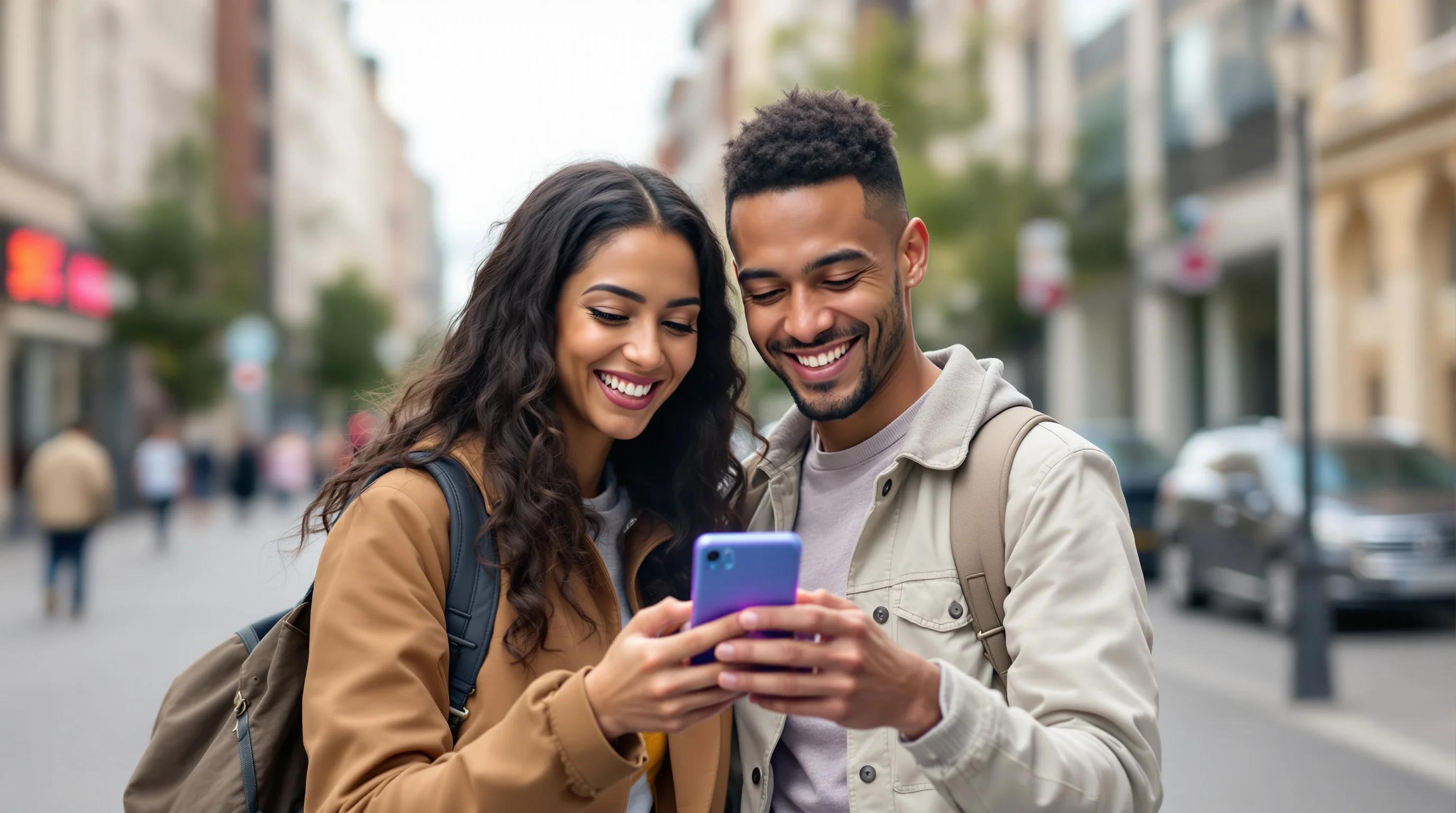Smiling traveler using smartphone while traveling