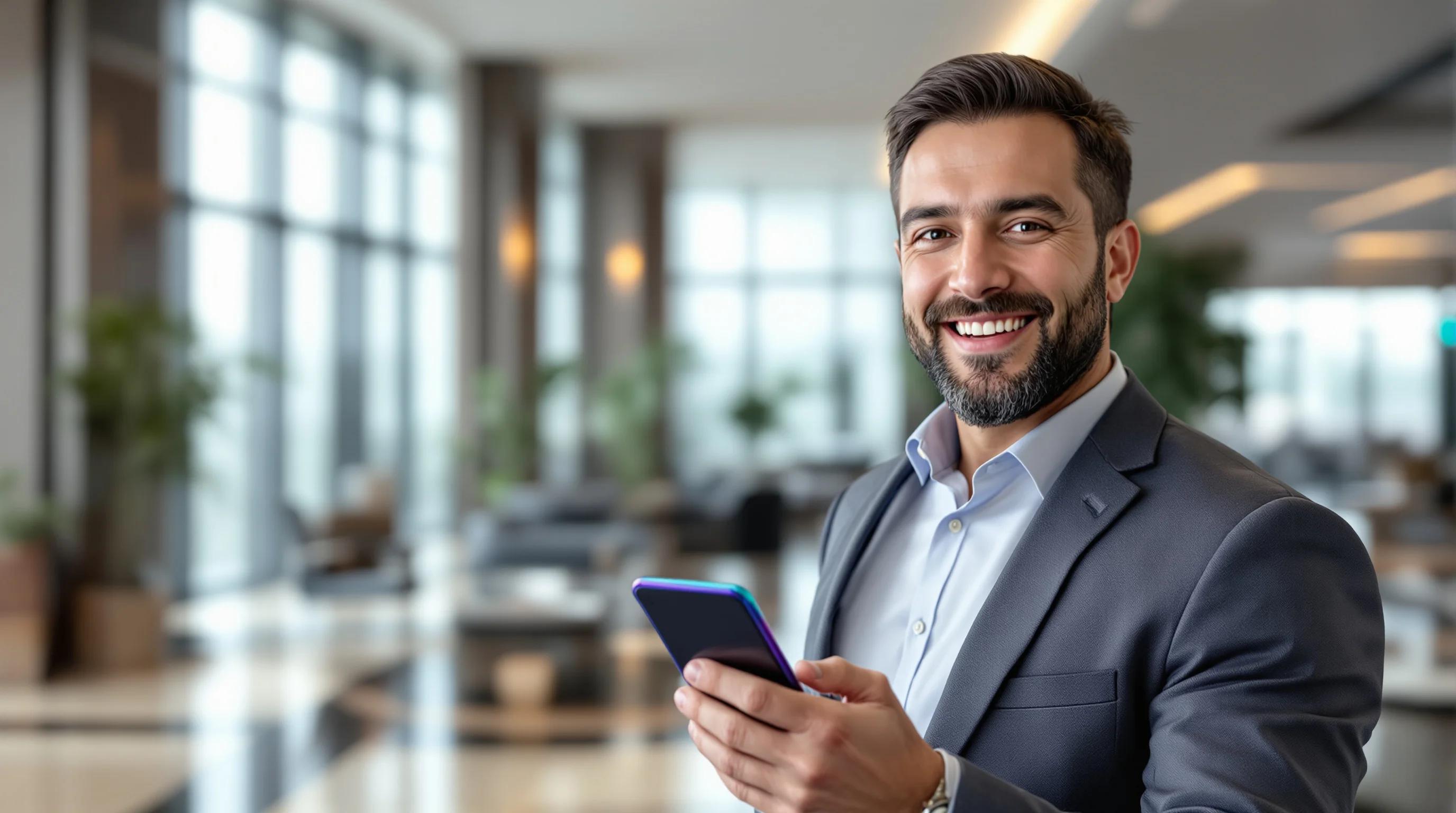 Smiling traveler using smartphone while traveling
