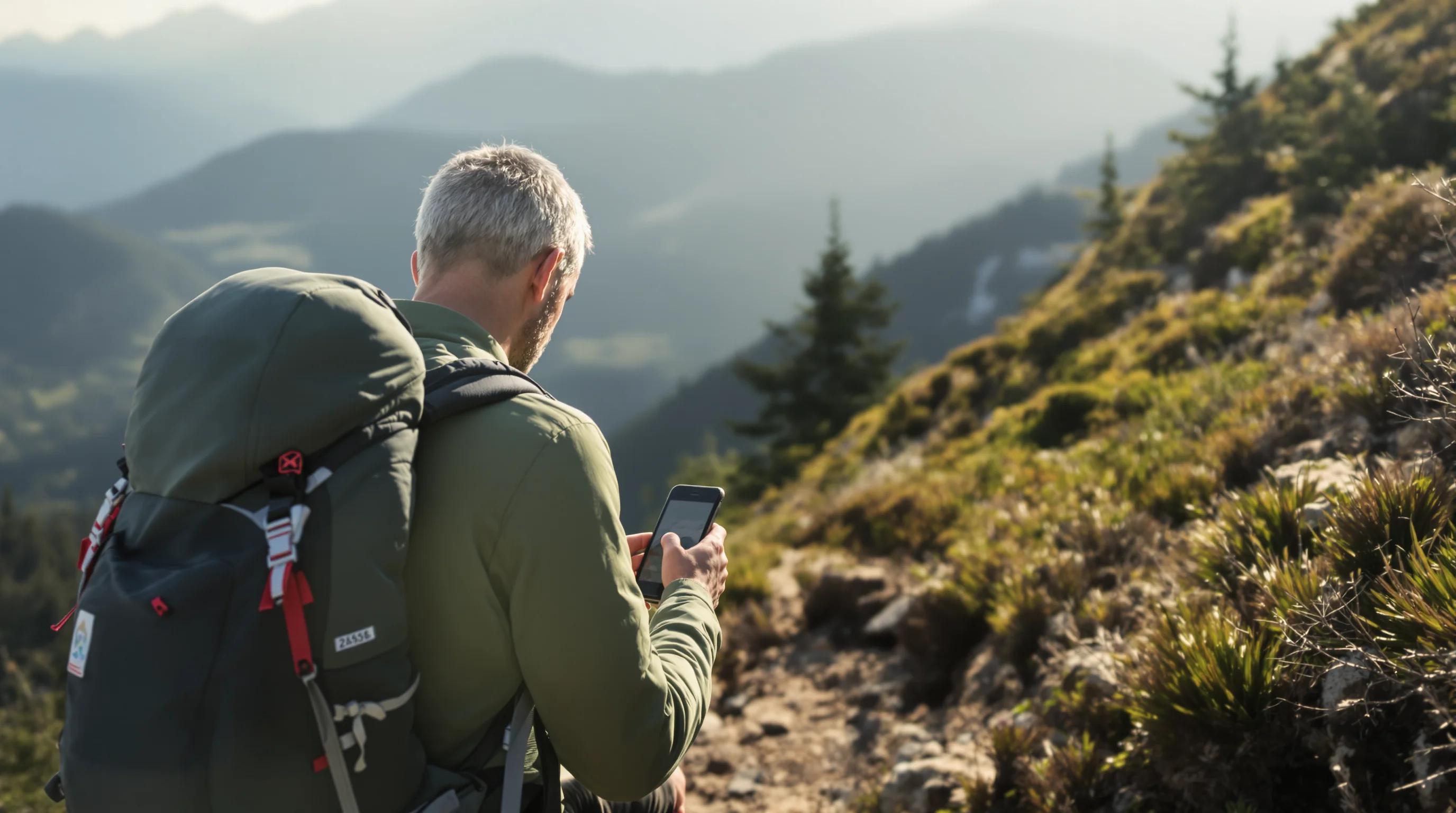 Backpacker mid-stride hiking using smartphone for navigation