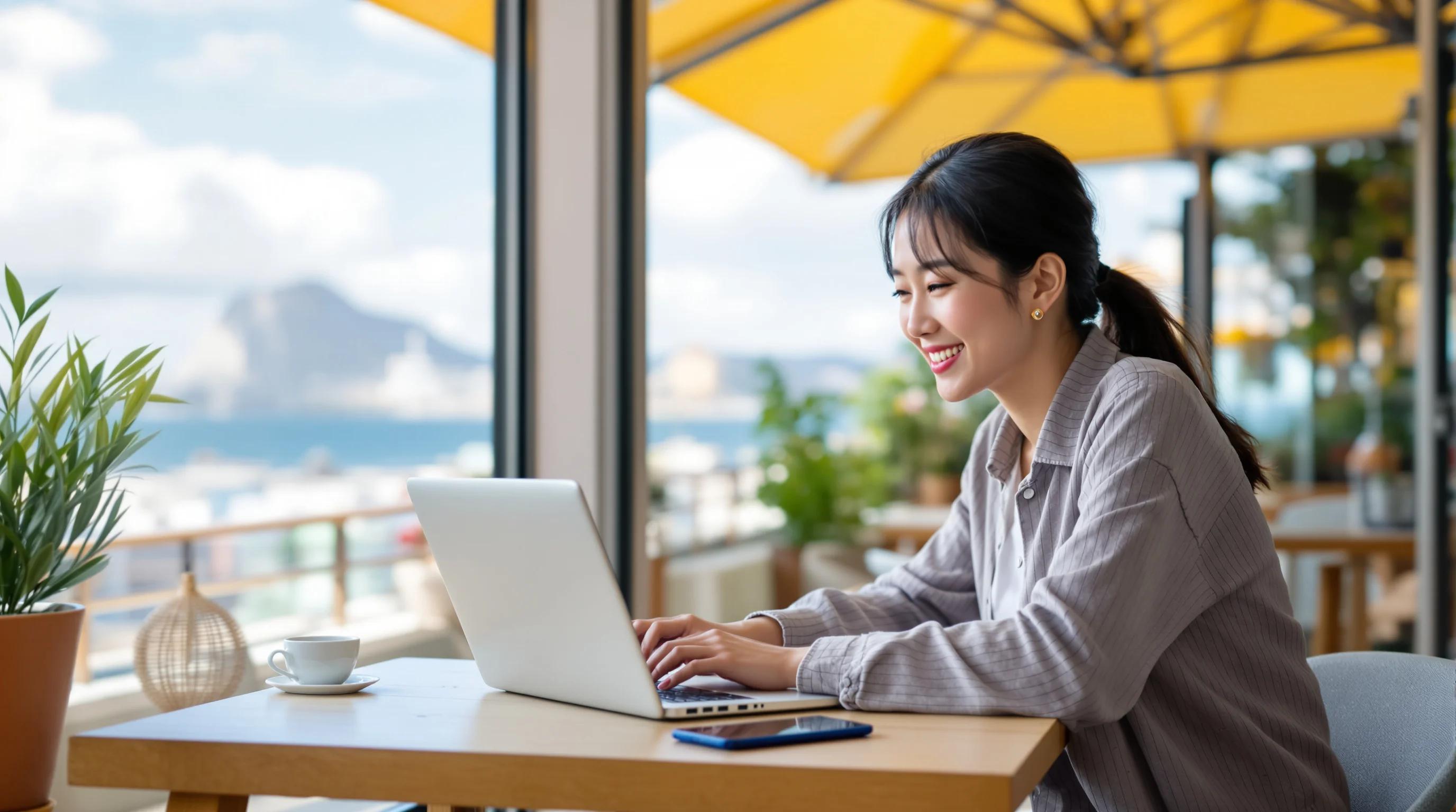 Digital nomad working at a bright outdoor cafe with laptop and smartphone on table