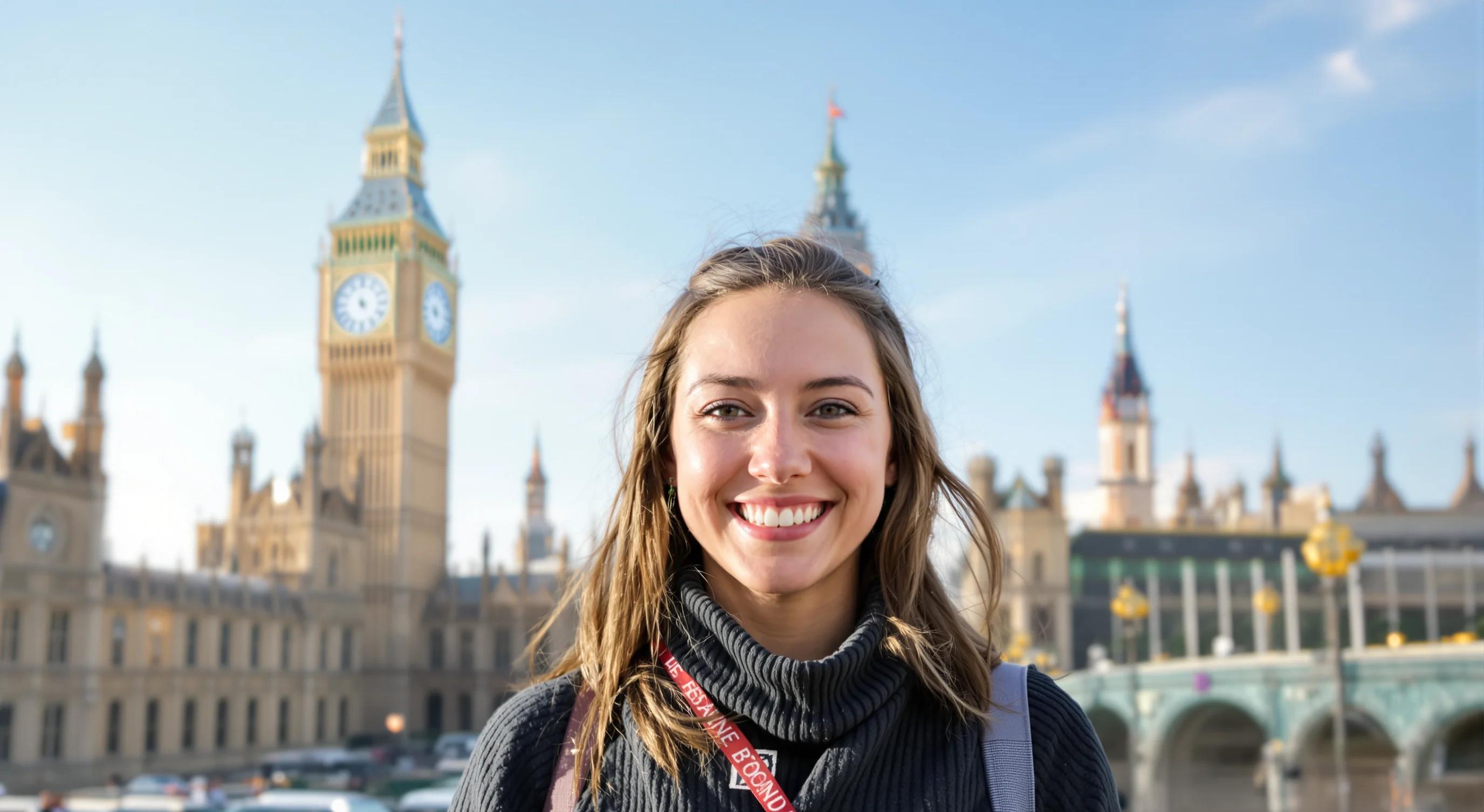 Smiling young woman with a famous landmark in clear view
