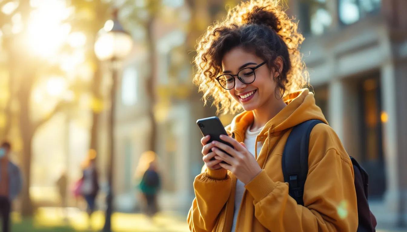 Student at a university campus using a smartphone