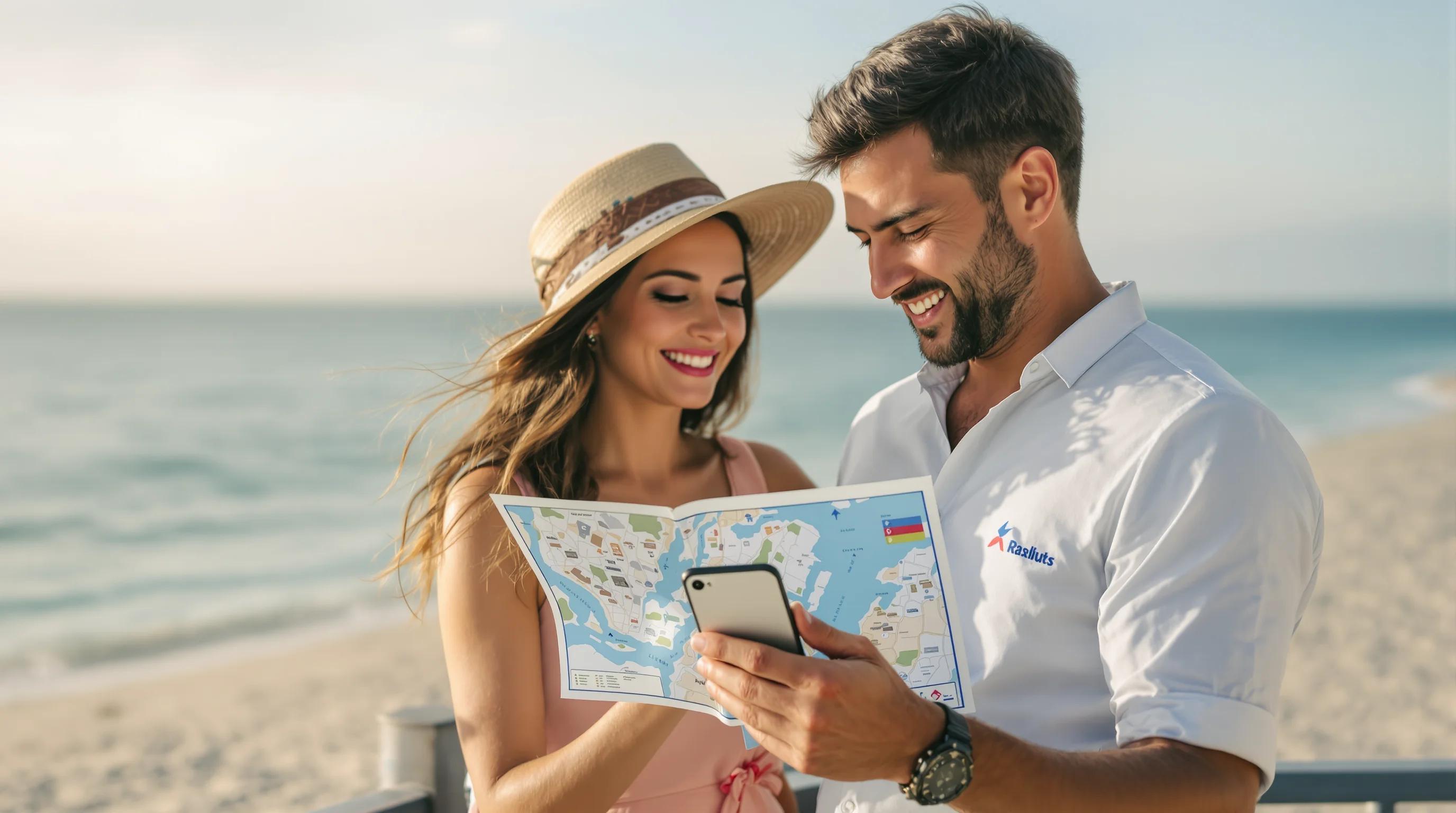 Vacation travel scene at a premium beach resort using smartphone and map