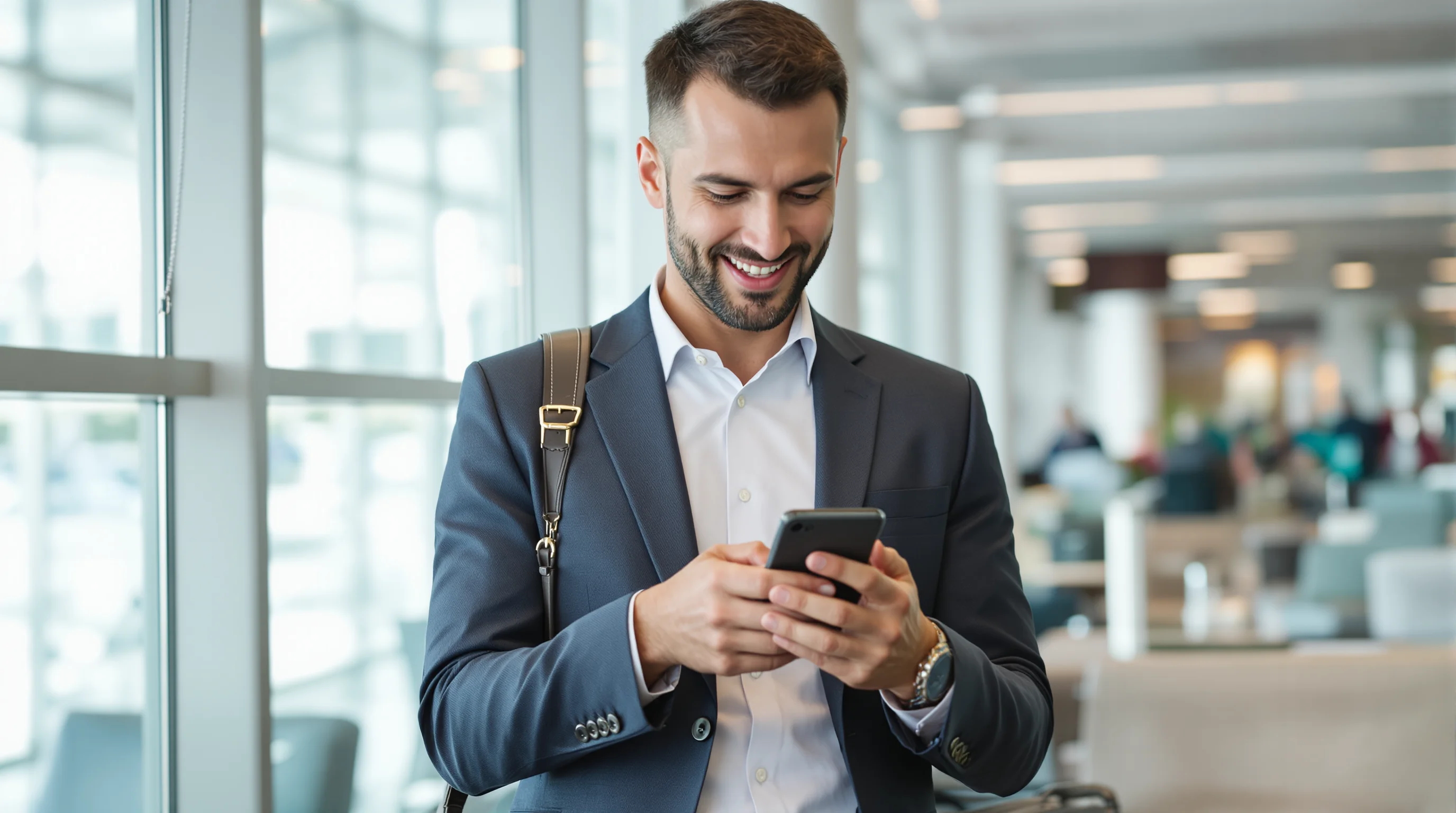 Business traveler at an airport lounge using a smartphone